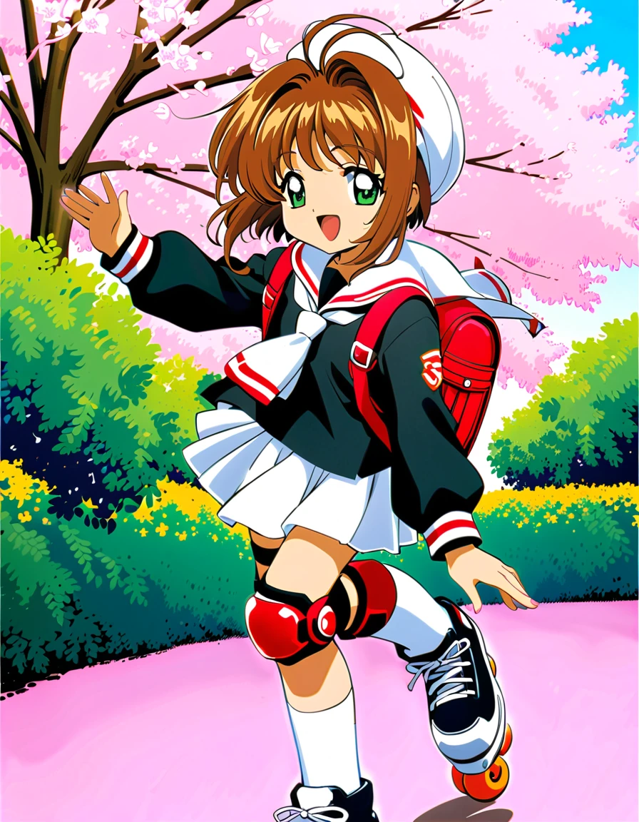 roller skate, One girl, Annoying, Brown Hair, kinomoto sakura, white skirt, inline skate, skate, Uniforms of Tomoeda Elementary School, cherry blossoms, , skirt, Green Eyes, White Hat, bag, Backpack, Open your mouth, Have, 1990s (style), petal, short hair, smile, retro artstyle, pleateD skirt, Hair ties, :D, Knee pads, whole body, bangs, View your viewers, Seraphim, Antenna Hair, woman , hair ornaments, Living things, black shirt, wing, Long sleeve, neckerchief, Sailor collar, Outdoor, shirt, Day,