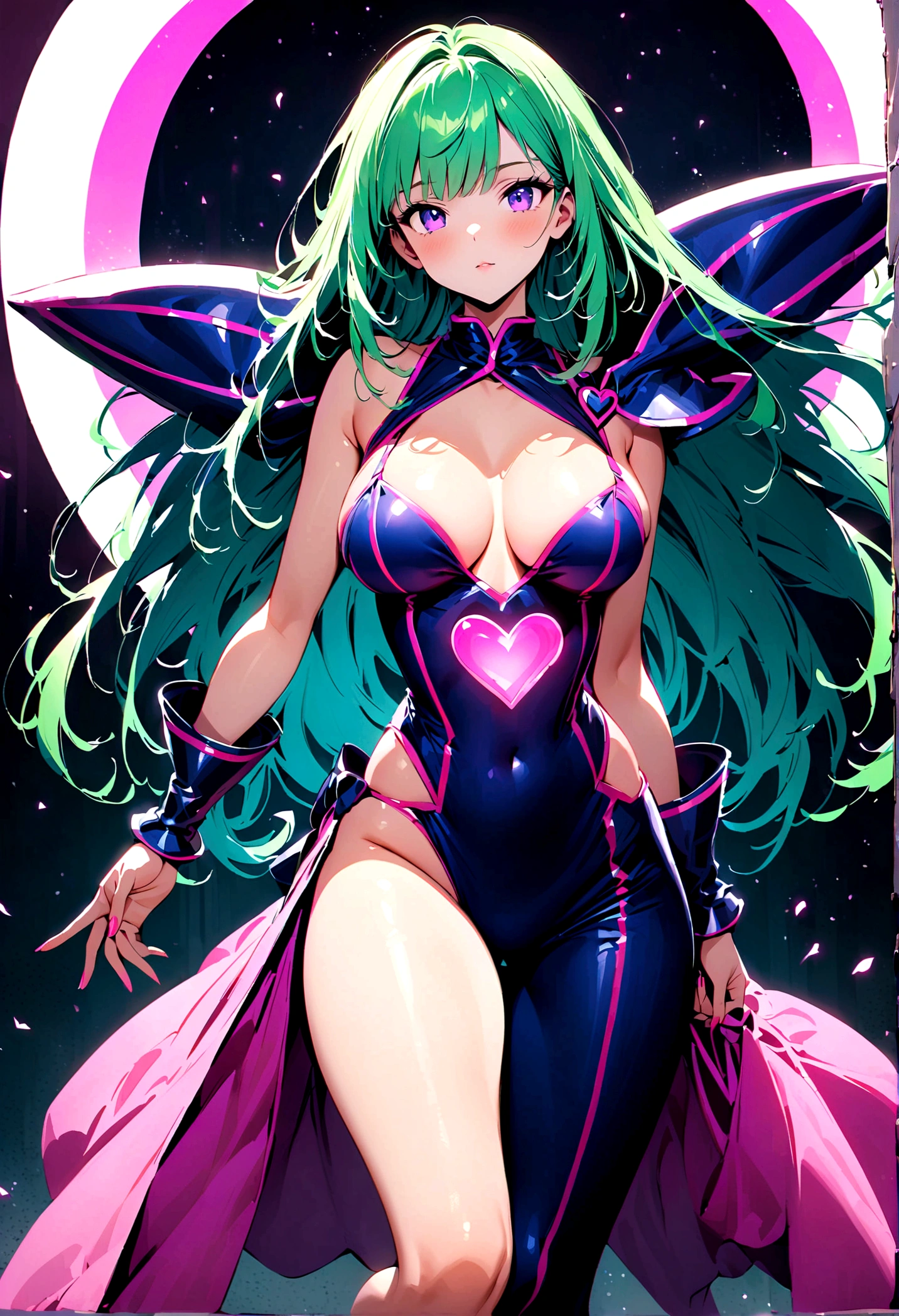 ((Assymetrical outfit)) (Masterpiece), (The best quality), Perfect lighting, beautiful girl, perfect girl, (sexy body), hands hidden in hair, dark magician girl, (((color pallette:neon green,neon purple))), touching her long straight neon green hair, (straight hair, bangs), intricate hair texturing, cat walk pose towards viewer, big tits, neckline, create a . Walking out of a magical heart shaped Portal.