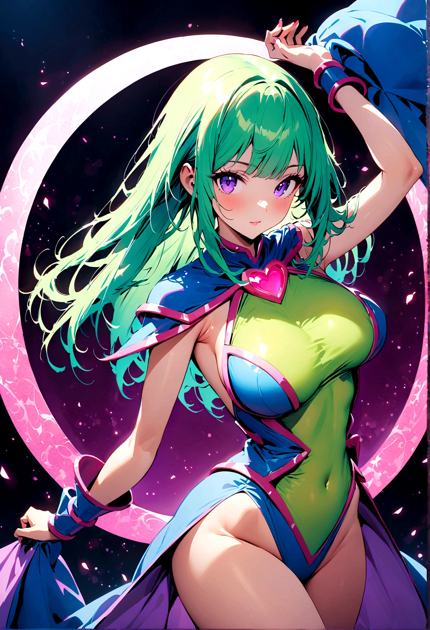 ((Assymetrical outfit)) (Masterpiece), (The best quality), Perfect lighting, beautiful girl, perfect girl, (sexy body), hands hidden in hair, dark magician girl, (((color pallette:neon green,neon purple))), touching her long straight neon green hair, (straight hair, bangs), intricate hair texturing, cat walk pose towards viewer, big tits, neckline, create a . Walking out of a magical heart shaped Portal.