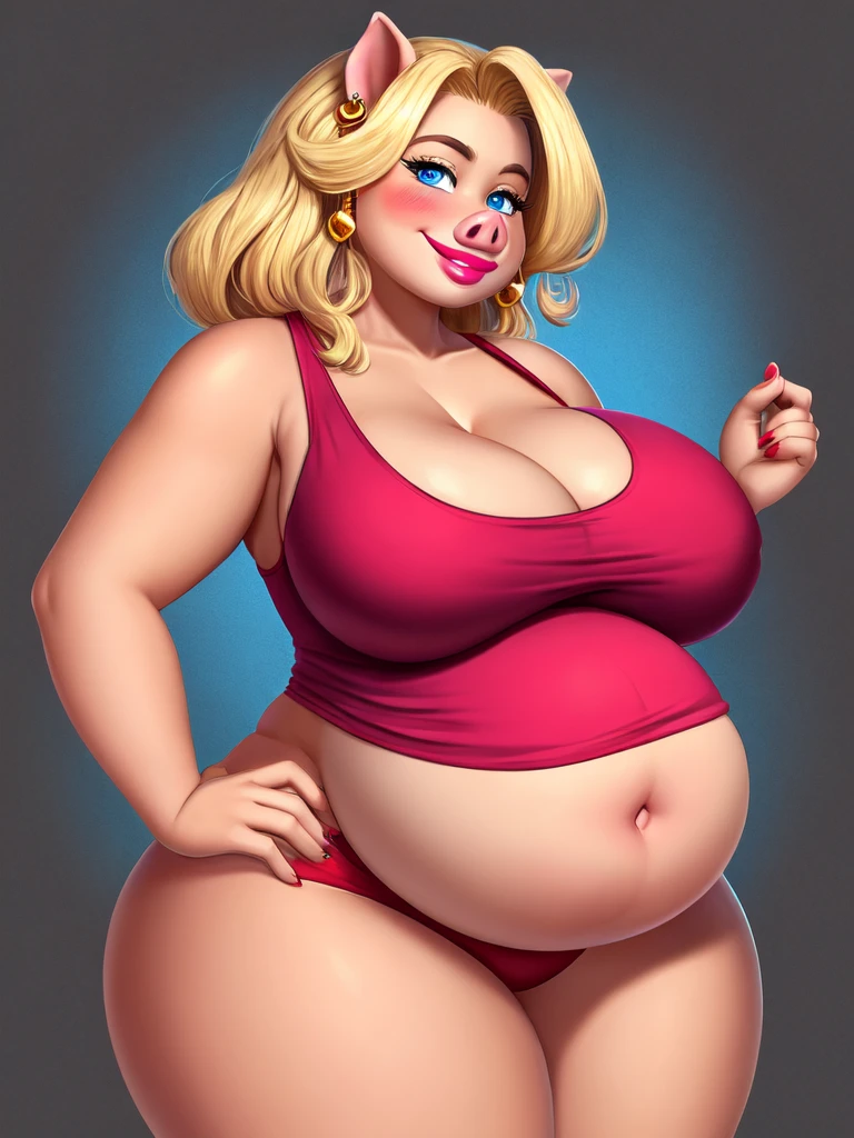 Blonde pig woman, wearing a red tank top, perfect face, blue eyes, big breasts, cleavage, big belly, three-quarter view, solo, smile, perfect detailed body, pink lipstick, gold earring, hand on hips, blushing