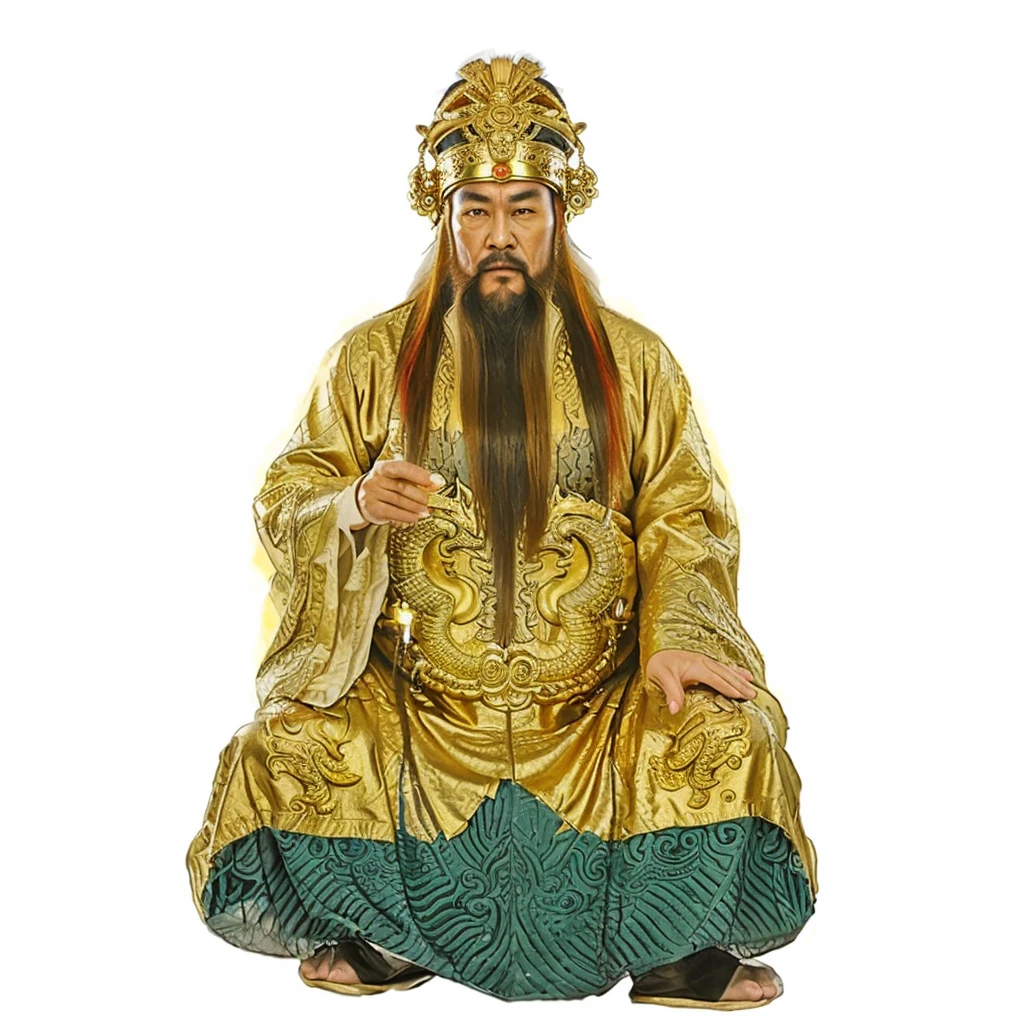 ancient chinese old man with long beard, wearing luxurious gold dragon robe, 