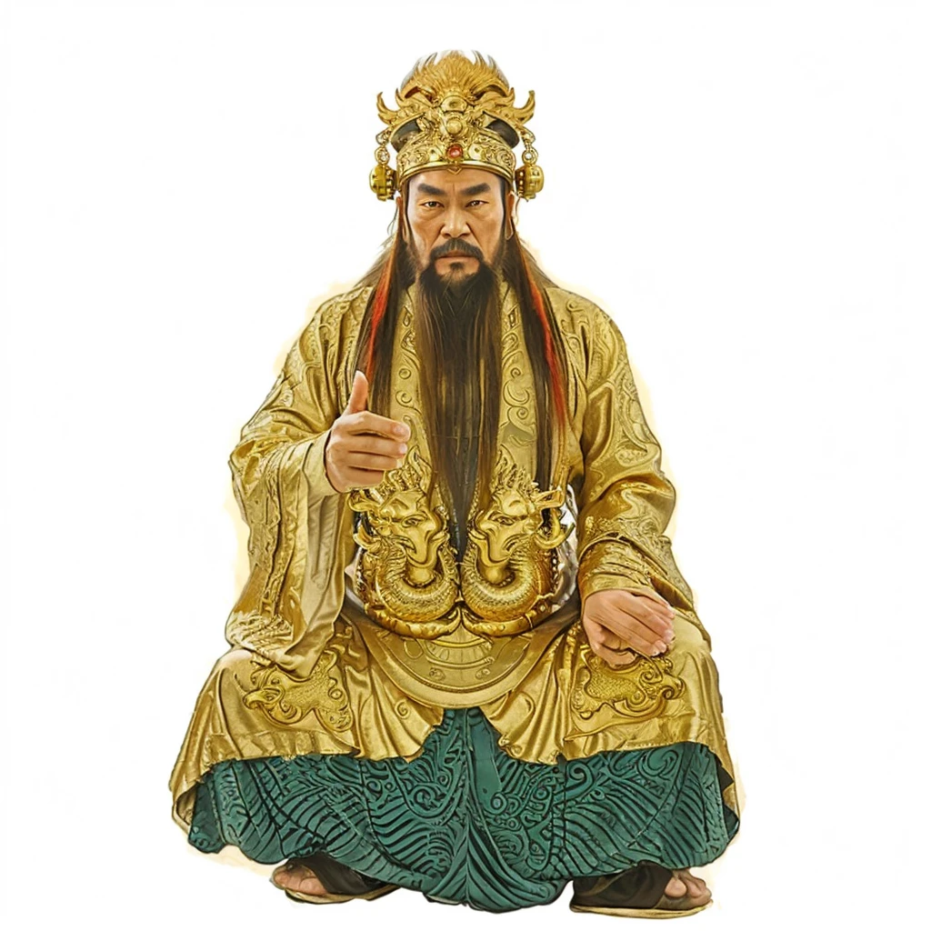 ancient chinese old man with long beard, wearing luxurious gold dragon robe,