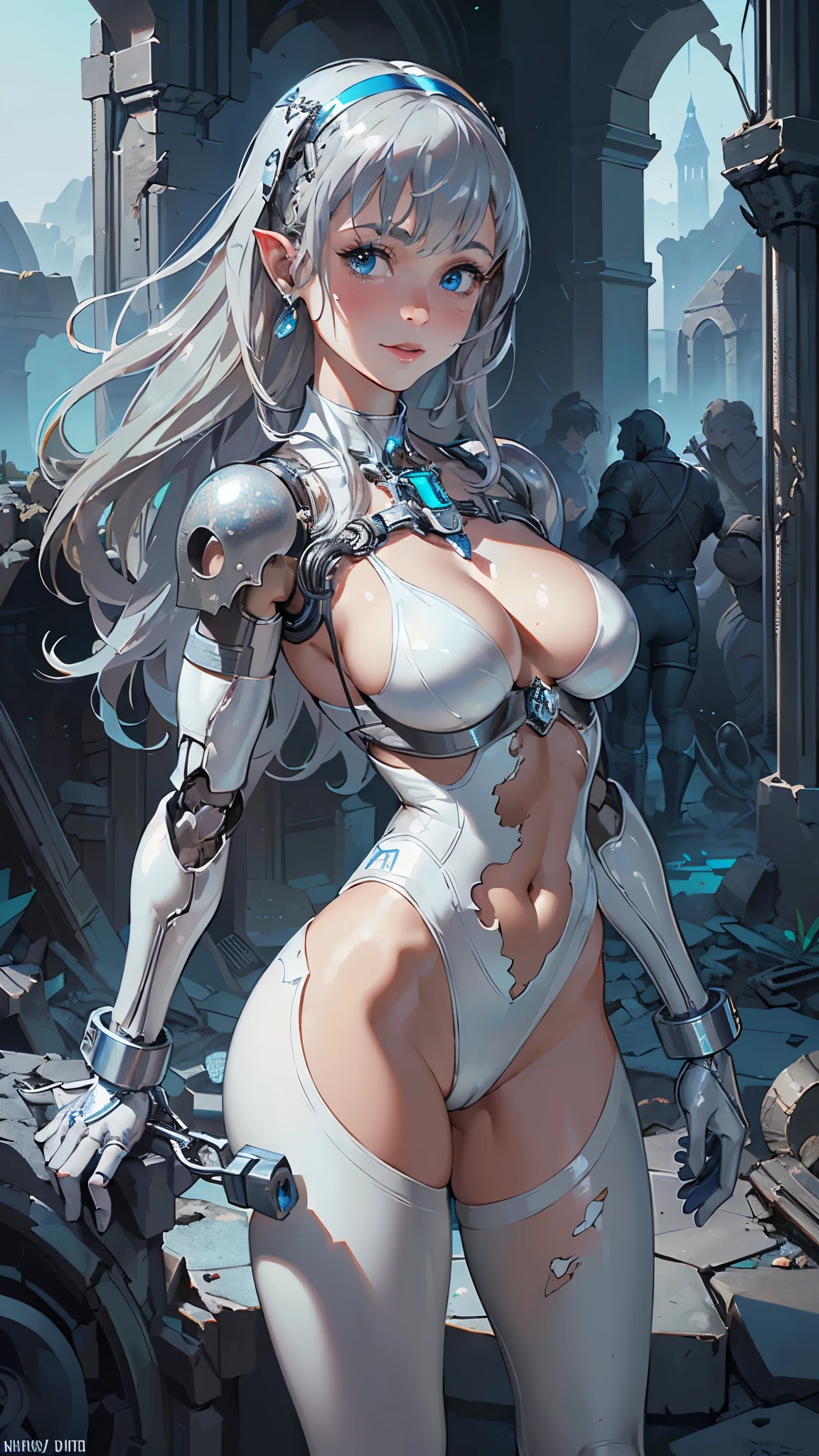 (La Best Quality,A high resolution,Ultra - detailed,actual),Ariana Grande ,(Ruined dungeon ruins background:1.4 ), (BodySuit cyborg white mechanical transparent :1.4), holding pen,(half body blue :1.4) ,Woman,26 years,smile, cute action,(grey  hair:1.4) ,wide hip,(white bikini:1.4) , (orange background:1.1) , nipple, anime girl,very high contrast,deep color, BLUSH,absurdres, ultra detailed, masterpiece, best quality, aesthetic, detailed, ,(Ruined dungeon ruins background:1.4 ),( perfect anatomy :1.4), More detailed 8K.unreal engine:1.4,UHD,La Best Quality:1.4, photorealistic:1.4, skin texture:1.4, Masterpiece:1.8,first work, Best Quality,object object], (detailed face features:1.3),(The correct proportions),(Beautiful blue eyes),  (dynamic cowboy pose), (shiny white tights/shackles:1.4),(face detailed :1.4) 