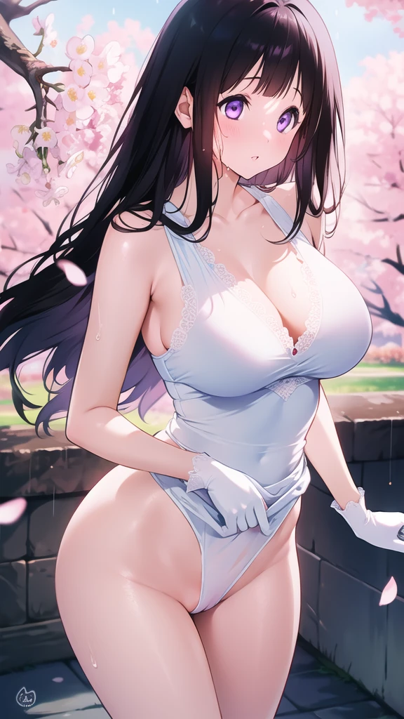 Amazing Chitanda, There is only one beautiful girl,Purple Eyes, Black Hair, Very red face,Very white skin,Glowing skin,Skin as delicate as porcelain,Naturally straight hair, Straight bangs,Extremely refined,Open lips,Long flowing hair,Beautiful Girl, Like a dream,Slim,Slim waist,Soft, (Sensual), (Kawaii), Dream quality,Beautiful big breasts,Transparent loose school uniform,Areola,Completely naked,Lower edge of breast,White gloves,Flower decoration,Deep V neckline,Loose neckline,Lace-up,Wide neckline,Walking in school,Place your hands on your inner thighs,Thighs clamp hands,Wet skin,Sweaty and sweaty,Sweating all over,Underwear Rain,Next to the cherry blossom trees,Back to,Lean over,Hips,Side body,Gluteal groove,Completely naked的臀部,Bare back,Completely naked的背部,Light transmission,(no pants),nopan,pussy juice,Bare shoulders,Bare neck,Exposed collarbone,Exposing breasts,Exposing breasts侧面,Exposing breasts下面,Show your waist,Show your buttocks,Show your thighs,Exposing the groin,(No pants),extremely shy,Ultra-high resolution, (masterpiece:1.2, best quality), (Delicate and beautiful eyes: 1.2), (Beautiful and delicate face)