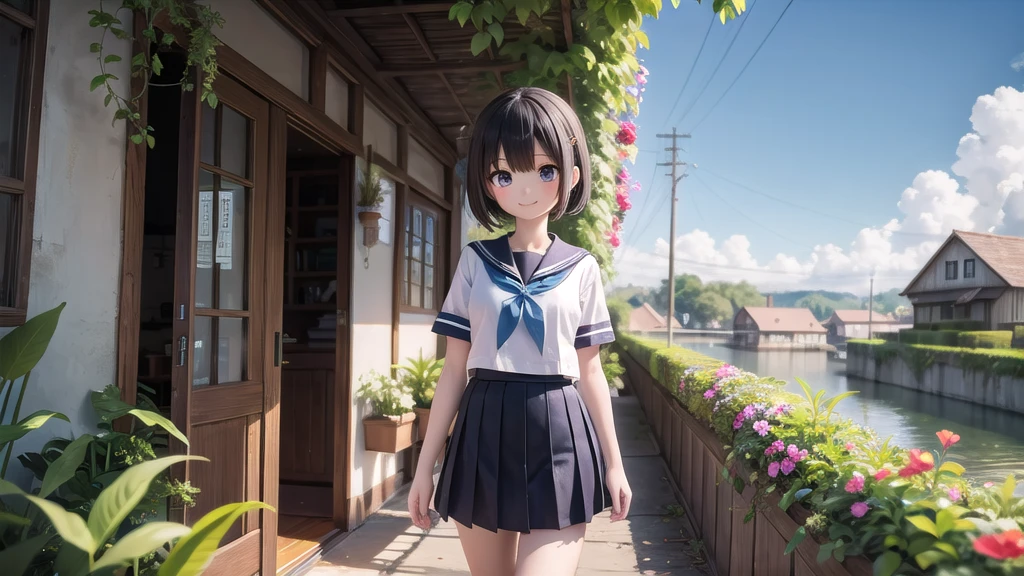 (masterpiece), town, blue sky, One Girl, smile, alone, Sailor suit、Long skirt, Overgrown, petal, plant、Skirt lining、Translucent slip、Nostalgic
