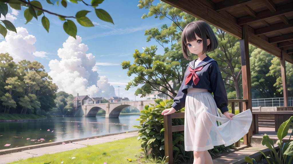 (masterpiece),  town,  blue sky,  One Girl,  smile,  alone,  Sailor suit、Long skirt,  Overgrown,  petal,  plant、Skirt lining、Translucent slip、Nostalgic