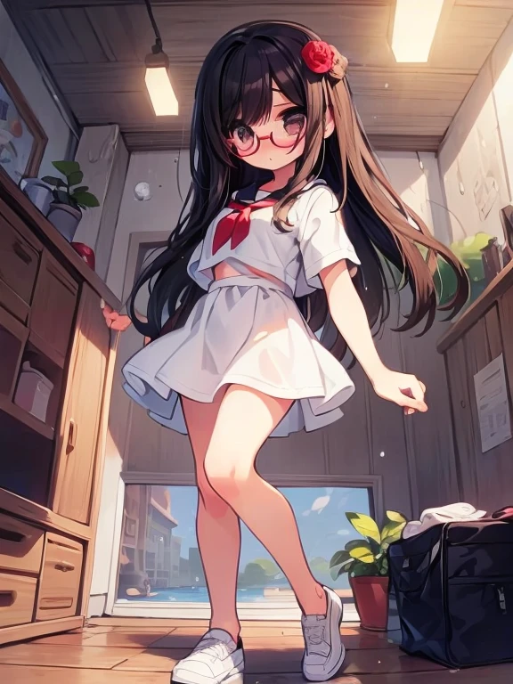 (Big red round glasses:1.3)、(Timid girl、blush、Watery eye:1.2)、Long black hair、White short sleeve shirt、Navy blue shorts、body操服、 body、Flat body