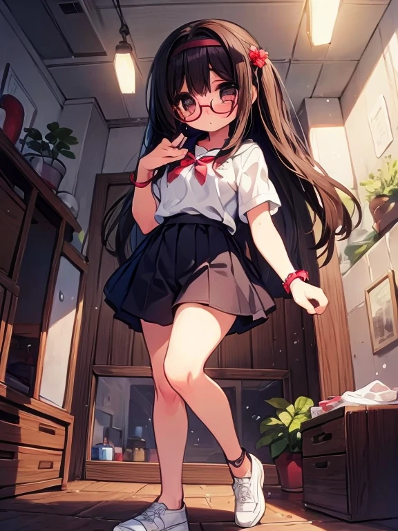 (Big red round glasses:1.3)、(Timid girl、blush、Watery eye:1.2)、Long black hair、White short sleeve shirt、Navy blue shorts、body操服、 body、Flat body