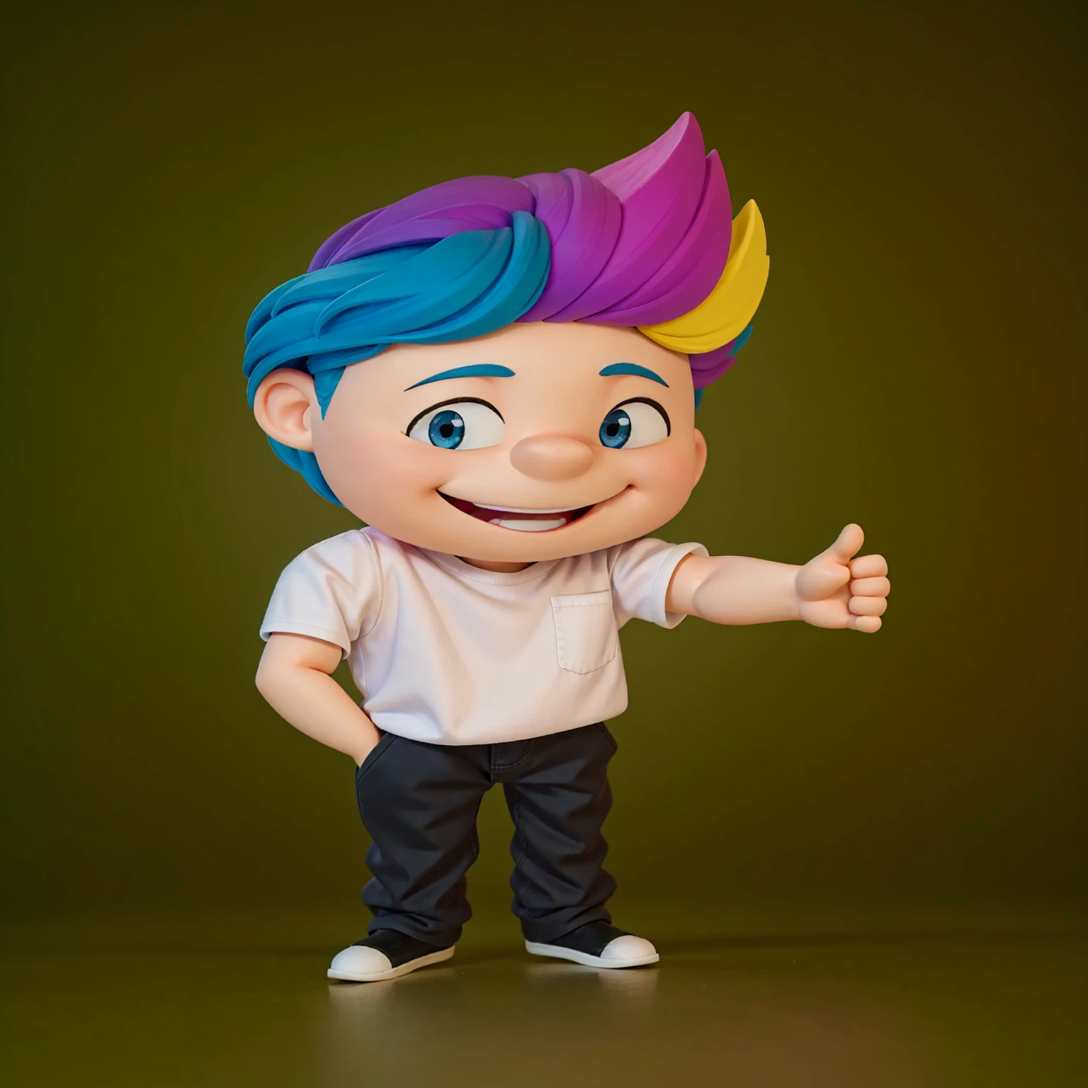 good-great,3d, high qualiy, 1,young man, with big smile, showing teeth, Big eyes, colored hair, 4 colors hair blue, Pink, yellow and black, white shirt, fully body, positive sign, hand in pocket disney pixar style