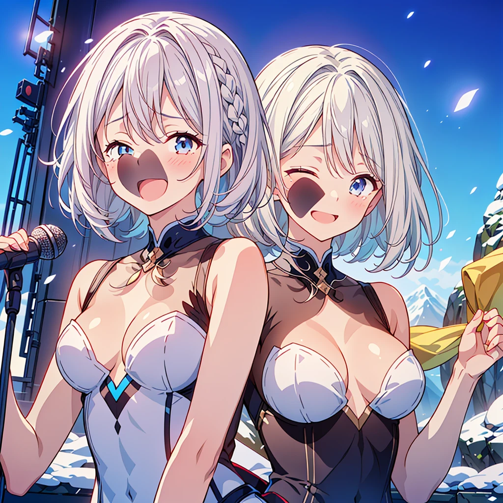 1girl,(((Highest quality、Masterpiece、Official Art、The best dynamic composition、HD、Super detailed)))、Gray and blue gradation hair、 upper body, snow mountain, concept art, shedding tears、Smiling with the best smile、A hopeful look、Smiling with eyes closed、looks happy、Singing a song、Upper Body、Singing with a microphone、