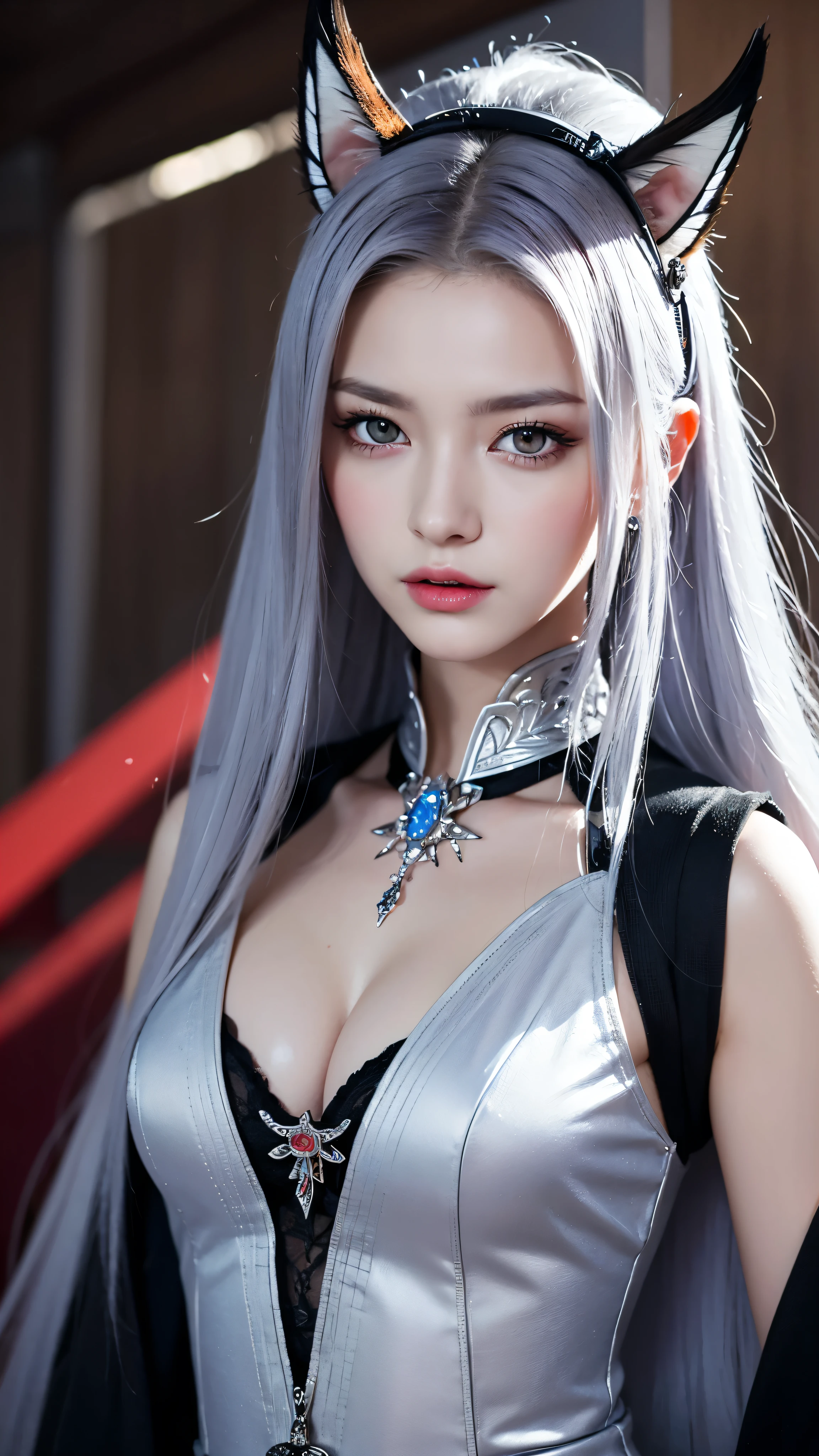 with high definition images,(Realistic painting style:0.9) masterpiece、Highest quality、Disorganized、 Bronya Zaychik(Silverwing N-EX)A fascinating masterpiece、 Silver eyes with shining red pupils、 1girl's solo portrait、 Dressed in a pink dress、Her long hair and beautiful face make her look elegant.。Bronya's bangs cascading down her forehead、A slight smile frames her closed mouth.。Gray eyes sparkle beneath one glove.、Her ears are adorned with intricate earrings.