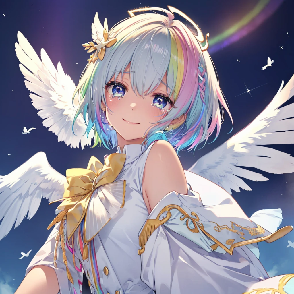 (((Extreme close-up tears smile Low - Angle Dove of peace Angel Halo))) ((輝くtears Rainbow Hair Rainbow Eyes Short Hair Receiving the light Rainbow light Aurora)) (Shining Edge Pillar of Light)