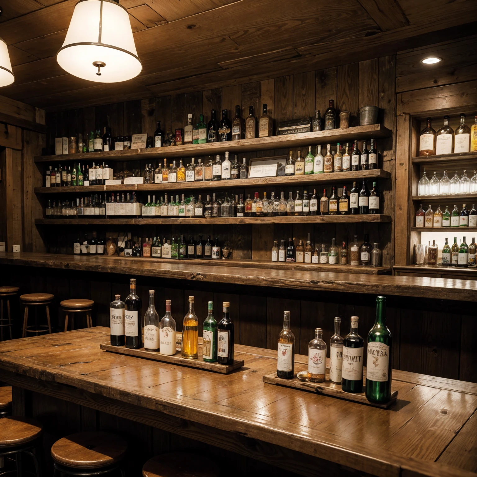 A country bar with a counter and several bottles