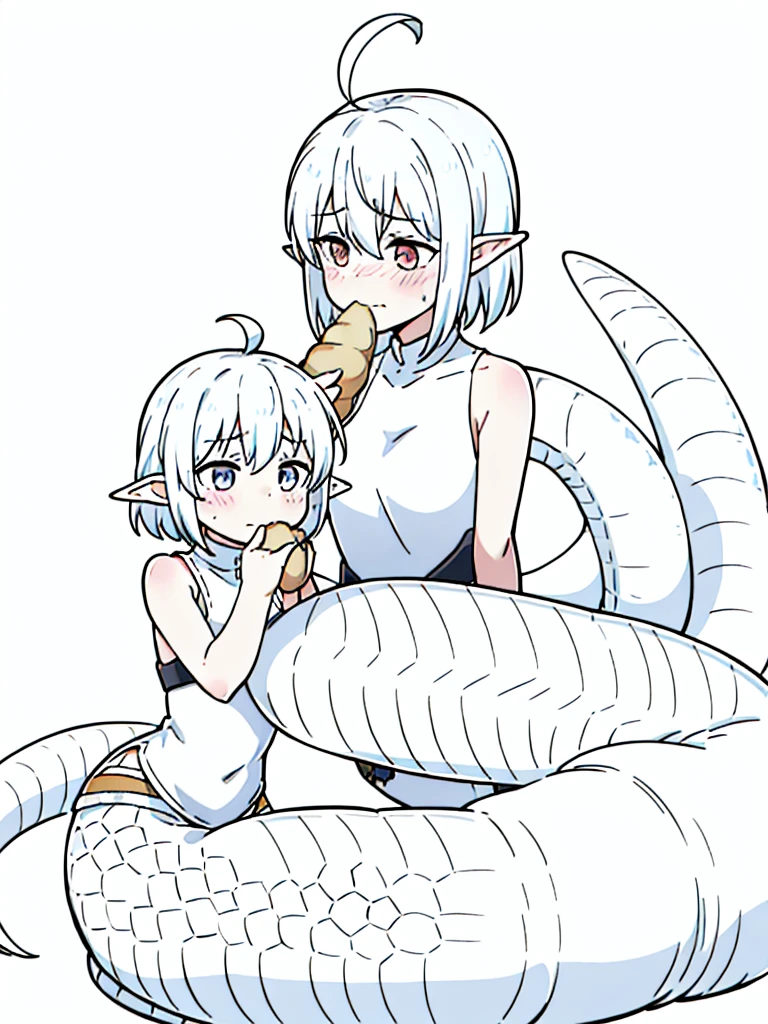 1girl,9s,kid,short hair,white hair,ahoge,lamia tail,white lamia tail,(white background),pointy ears,sleeveless,cute,blush,eating a bread,portrait,shy,looking away,