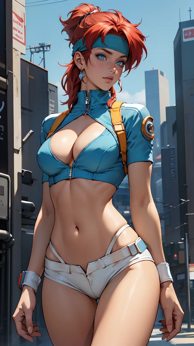 ((Masterpiece, highest quality; 1.3)), super quality, beautiful detail, super detailed, extra fine, 16K, exquisite, absurd, high resolution, beautiful background, detailed background, beautiful eyes, beautiful skin, anime style, Kay from Dirty Pair in a white outfit, tight outfit, cleavage, bushy redhead beauty, very light blue uniform, wearing tight clothes, skimpy, (mid chest: 1.2), cleavage, cleavage, slim waist , thin waist, slim thighs, thin legs, slim legs. thigh gap, showing stomach, skinny, thin hips, cyberpunk city background, holding retro space gun , headband,