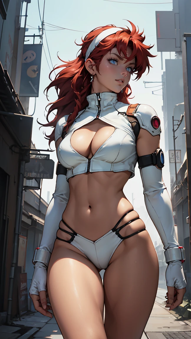 ((Masterpiece, highest quality; 1.3)), super quality, beautiful detail, super detailed, extra fine, 16K, exquisite, absurd, high resolution, beautiful background, detailed background, beautiful eyes, beautiful skin, anime style, Kay from Dirty Pair in a white outfit, tight outfit, cleavage, bushy redhead beauty, very light blue uniform, wearing tight clothes, skimpy, (mid chest: 1.2), cleavage, cleavage, slim waist , thin waist, slim thighs, thin legs, slim legs. thigh gap, showing stomach, skinny, thin hips, cyberpunk city background, holding retro space gun , headband, 