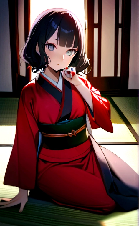 ((Carefully drawn with perfect anatomy and attention to detail)),masterpiece,Ulzan 6500,(Realistic photo),Japanese-style room at a long-established inn at night,(((A brave and beautiful female dice player,Stand on one knee on the tatami mat, place two dice in a leather cup in your hand, and place it on the tatami mat.))),Her kimono is open above the obi, and her beautiful F-cup breasts are wrapped tightly in white bleached cloth.,Gamblers in the Edo Period,Photographed in front of the gambling tatami mat,((A full-body shot of the beautiful tsubo-shake pose with an indoor background)),((The elegant and sophisticated Japanese attire with a dazzling presence)),Photos that capture the essence of the action,((Like a Japanese painting by Katsushika Hokusai)),(Beautiful Japanese hairstyle),(Beautiful kimono back collar),(Japan kimono),Contrasting light and shadow,Clear Face,masterpiece,Super Detail,Great composition,ultra HD,high quality,Very detailed,soft,4K wallpaper,Super Detail,Plenty of white space,4K shooting with deep depth of field,(Delicate eyes that even capture the light inside the pupils),Professional Perspective,Amazing details,Beauty condensed into one girl,Chestnut bouncy hair,Beautiful face with a delicate and high nose,Long limbs like a model,Coke bottle body with firm hips and a tight waist,High nose, Clear chestnut eyes, Glossy Lips,
