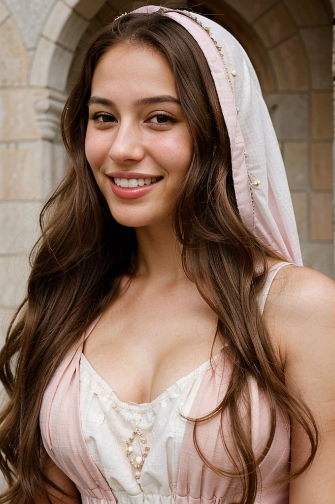 a photo-realistic portrait of a beautiful Palestinian woman with long brown hair, pink dress, white teeth, and a cute smile, with highly detailed and realistic facial features, modest expression, and realistic white skin tone