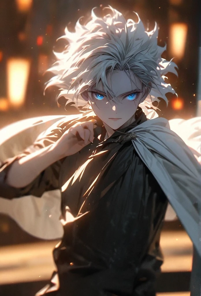 (solo), white hair, messy hair, mane hair, short hair, short hair, dense hair, wild hair, expressive hair, mature,(25 year old), pale skin, blue eyes, ((male)), wearing a black dress shirt, wearing a white cloak,, rolled up sleeves, handsome, attractive, eye reflection, depth of field, blue thunder aura, blue cinematic lighting, blue ray tracing, depth of field, cinematic lighting, blue ray tracing, UHD, high details, best quality, highres, high quality, award winning, super detail, masterpiece, 8k, UHD, high details, best quality, highres, high quality, award winning, super detail, masterpiece, 8k, digital art, anime coloring, full body shot, body shot, In a fighting position, Hand to hand combat, good face, perfect face, detailed face, good eyes, looking towards the screen.