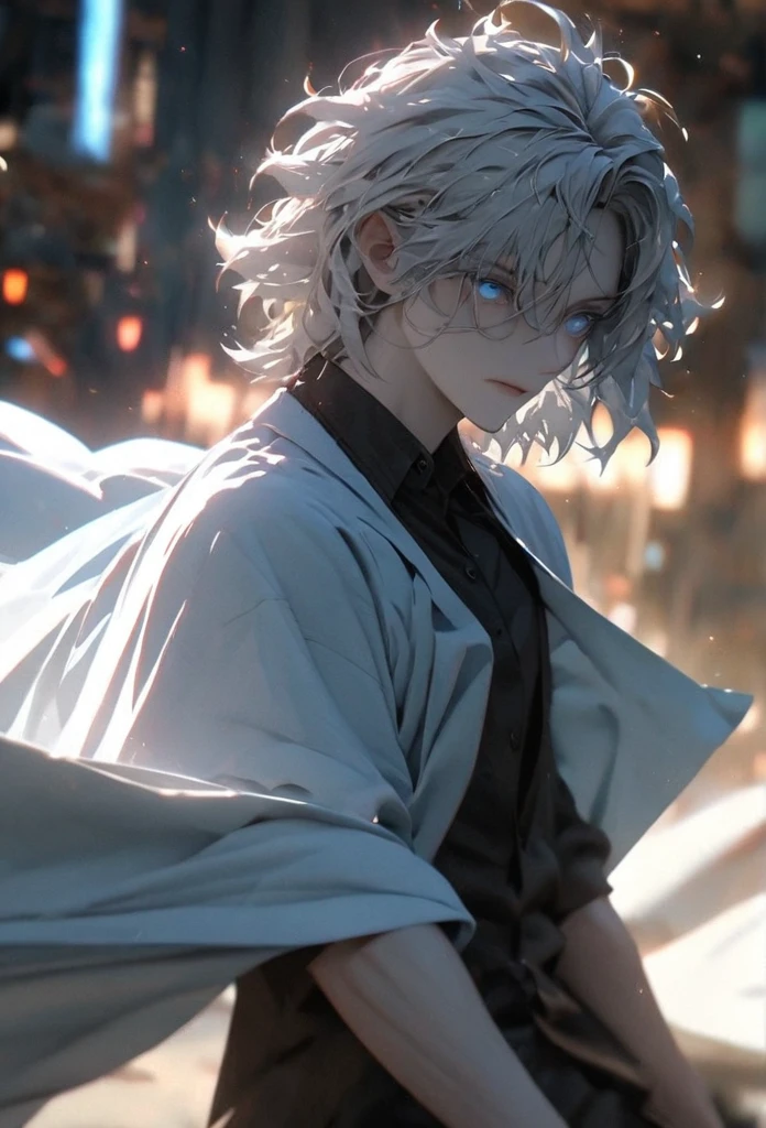 (solo), white hair, messy hair, mane hair, short hair, short hair, dense hair, wild hair, expressive hair, mature,(25 year old), pale skin, blue eyes, ((male)), wearing a black dress shirt, wearing a white cloak,, rolled up sleeves, handsome, attractive, eye reflection, depth of field, blue thunder aura, blue cinematic lighting, blue ray tracing, depth of field, cinematic lighting, blue ray tracing, UHD, high details, best quality, highres, high quality, award winning, super detail, masterpiece, 8k, UHD, high details, best quality, highres, high quality, award winning, super detail, masterpiece, 8k, digital art, anime coloring, full body shot, body shot, In a fighting position, Hand to hand combat, good face, perfect face, detailed face, good eyes, looking towards the screen.