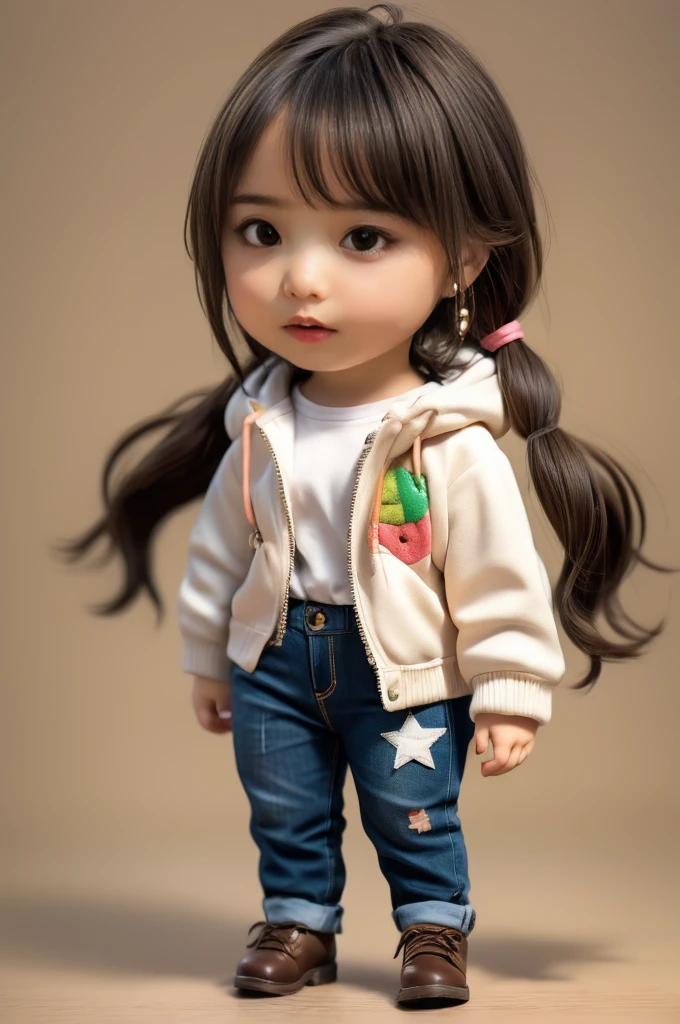 (Artwork: 1.2), (highest quality: 1.2), (Super detail: 1.3), A girl, Black hair, alone, trousers, brown eyes, Food, Bottom food, Backpack, Girl, Earrings, freckles , Long sleeves, star print, jewelry, Jacket, Open clothing, full body, Foodie, wallet, jeans trousers, Open jacket, shoes, Standing, Long Hair, bag, pantyhose, Lean, Pink Background, Blurred, boots, stuffed toys, pocket, slope Background, Simple Background,