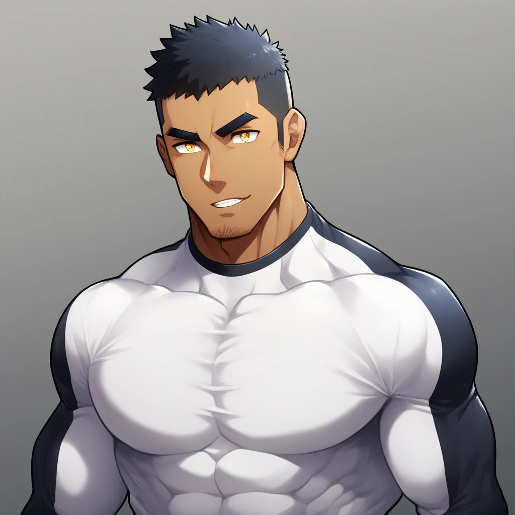 anime characters：Gyee, Muscle Sports Student, negro black skin, 1 dark skin muscular tough guy, Manliness, male focus, Yellow and black striped high collar long sleeve tight T-shirt, Slightly transparent material, Very tight, Round, full and perky chest muscles, Slightly transparent, muscular male, muscular, only, Upper body, alone, Black short hair, Thick eyebrows, stubble, Yellow eyes, Grey background, simple background, amazing quality, best aesthetics, Ridiculous, bright pupils, crew cut, parted lips, seductive smile, torogao, naughty face, drop shadow, best quality
