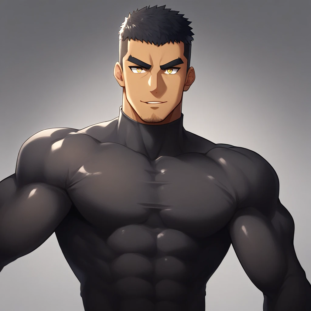 anime characters:Gyee, Muscle Sports Student, negro black skin, 1 dark skin muscular tough guy, Manliness, male focus, Yellow and black striped high collar long sleeve tight T-shirt, Slightly transparent material, Very tight, Round, full and perky chest muscles, Slightly transparent, muscular male, muscular, only, Upper body, alone, Black short hair, Thick eyebrows, stubble, Yellow eyes, Grey background, simple background, amazing quality, best aesthetics, Ridiculous, bright pupils, crew cut, parted lips, seductive smile, torogao, naughty face, drop shadow, best quality