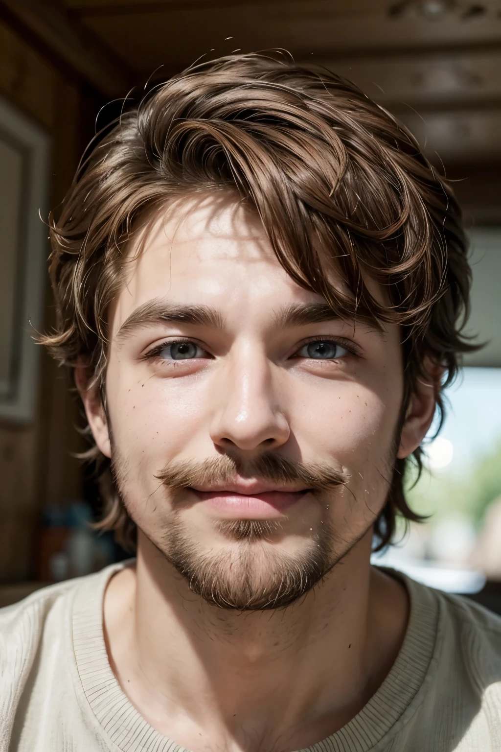 a man disney pixar style, high qualiy, best qualityer, beard and mustache, smiling lightly, lightbrown eyes, chestnut hair, shorth hair, age 30 years.