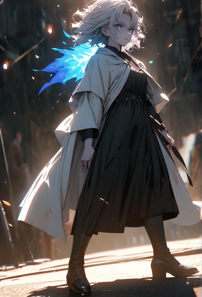 (solo), white hair, messy hair, mane hair, short hair, short hair, dense hair, wild hair, expressive hair, mature,(25 year old), pale skin, blue eyes, ((male)), wearing a black dress shirt, wearing a white cloak,, rolled up sleeves, handsome, attractive, eye reflection, depth of field, blue thunder aura, blue cinematic lighting, blue ray tracing, depth of field, cinematic lighting, blue ray tracing, UHD, high details, best quality, highres, high quality, award winning, super detail, masterpiece, 8k, UHD, high details, best quality, highres, high quality, award winning, super detail, masterpiece, 8k, digital art, anime coloring, full body shot, body shot, In a fighting position, Hand to hand combat, good face, perfect face, detailed face, good eyes, looking towards the screen.