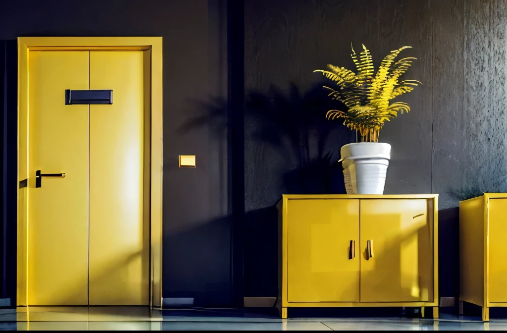 Door of a safe with a yellow background and two plant pots on each side, of gold