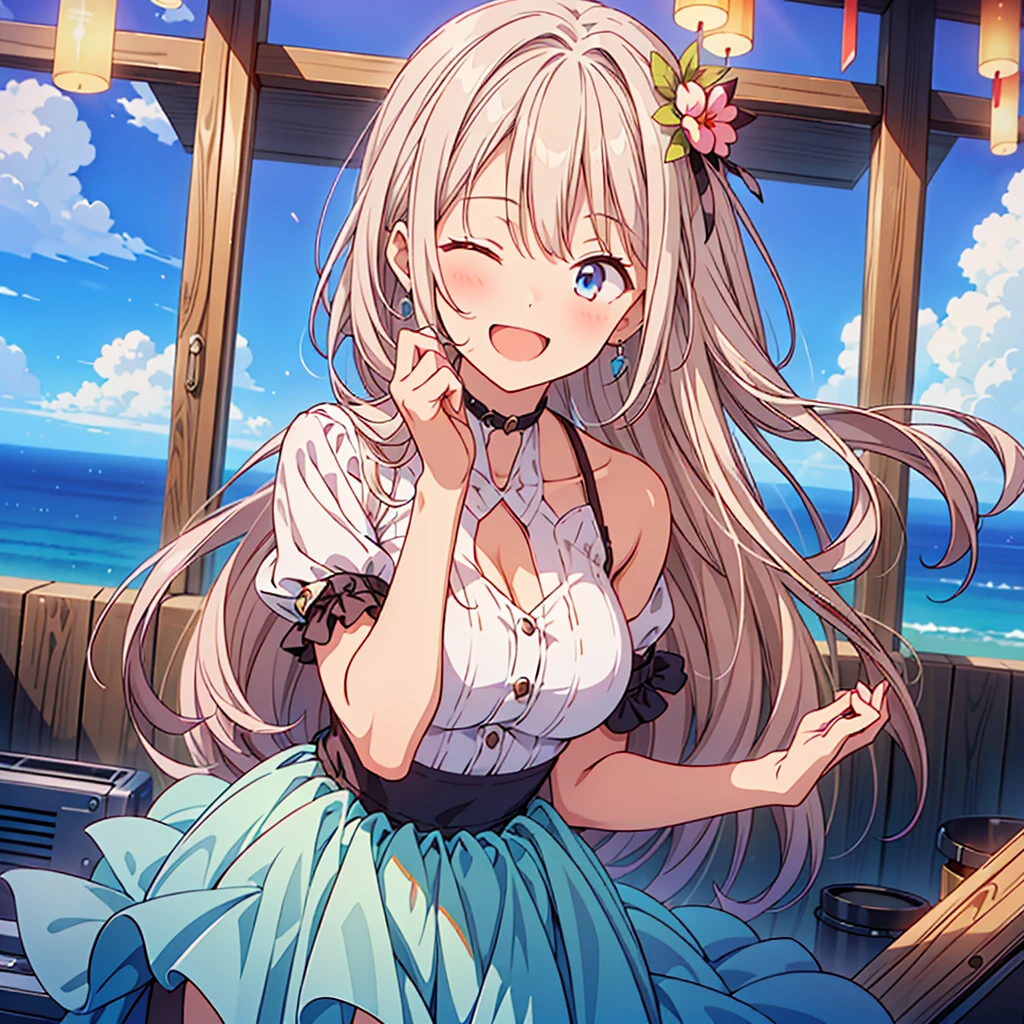 1girl,(((Highest quality、Masterpiece、Official Art、The best dynamic composition、HD、Super detailed)))、Gray and blue gradation hair、 concept art, Smiling with the best smile、Smiling with eyes closed、looks happy、Singing a song、Upper Body、Singing with a microphone、