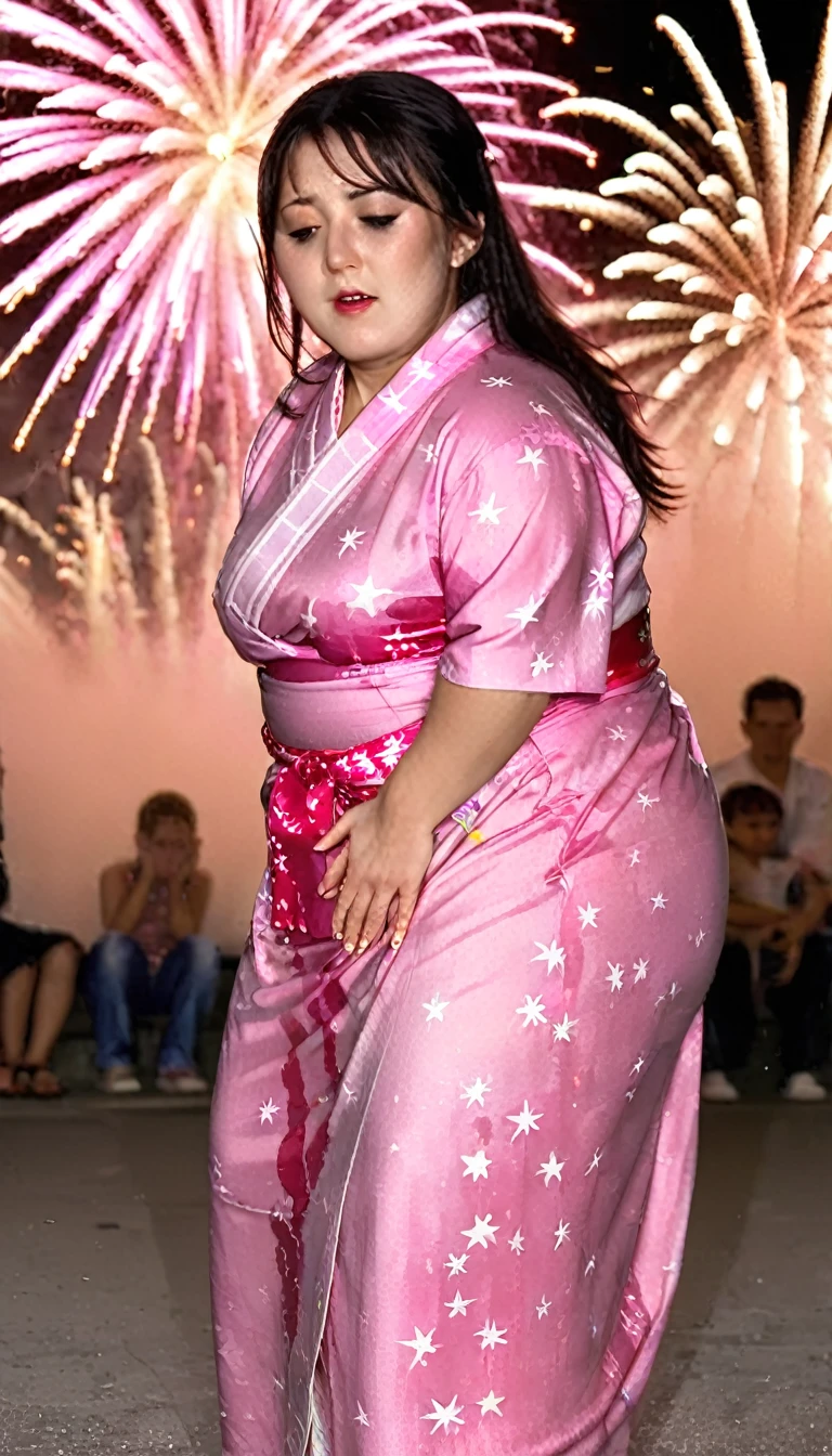 1woman,(masterpiece:1.8),photo-realistic,16k,(beautiful 30s japanese plump lady:1.3),(pink yukata:1.4),sandals,(whimpering:1.6),(panicking:1.6),(crying:1.7),(handing on wetting crotch with both hands:1.2),(night,park,fireworks:1.4),(crowd kids:1.1),(wetting:1.3),(dripping pee:1.3),long hair,straight hair,black eyes,MILF,curvy,(huge breasts:1.2), makeup,lipstick,eyeliner,mascara,eyeshadow