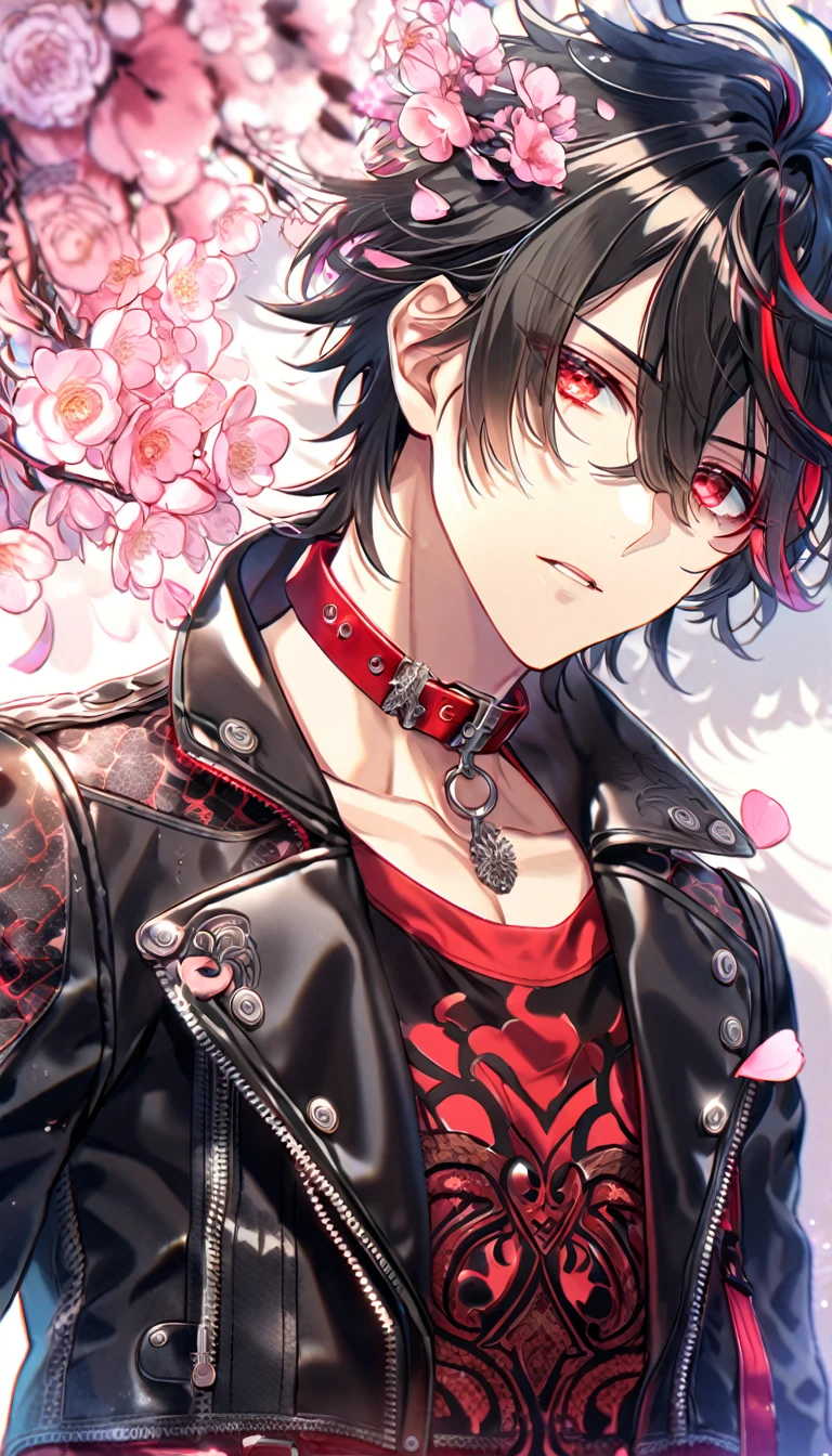 absurdres, highres, ultra detailed, HDR, master piece, best quality, Shin, expressive red eyes, messy hair, black hair, Amnesia Memories, solo, y man, handsome, cropped black leather jacket, red shirt with black patterns, red collar, fantasy, shining, pink flowers, pink blossoms, pink butlies, pink petals