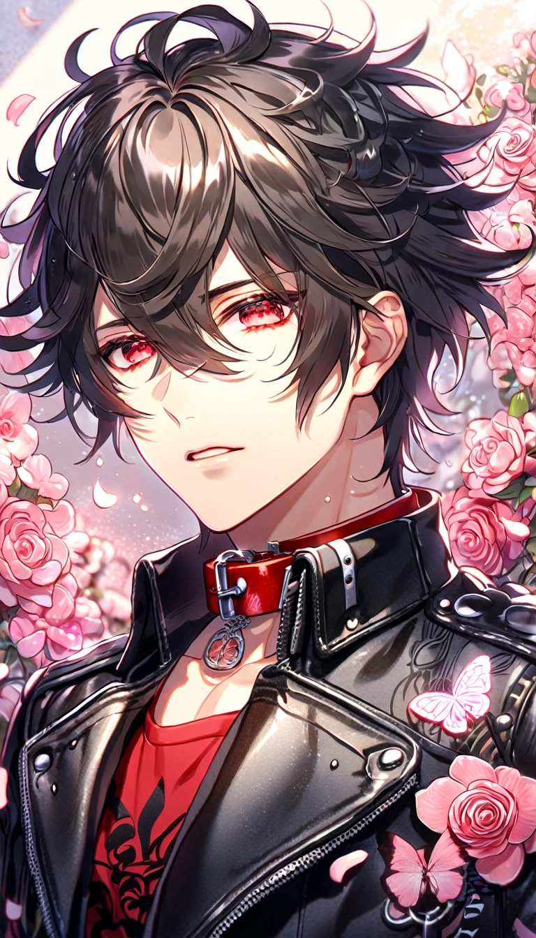absurdres, highres, ultra detailed, HDR, master piece, best quality, Shin, expressive red eyes, messy hair, black hair, Amnesia Memories, solo, sexy man, handsome, cropped black leather jacket, red shirt with black patterns, red collar, fantasy, shining, pink flowers, pink blossoms, pink butterflies, pink petals