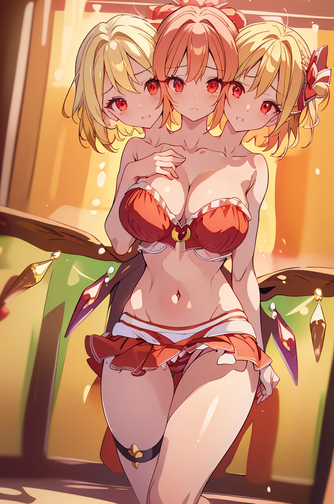 (masterpiece, best quality), best quality, best resolution, (ultra-detailed), (3heads:1.5), 1girl, (flandre scarlet :1.3), masterpiece, best quality, ultra quality, ultra resolution, ultra detail, red top, crop top, ((stomach)), midriff, ((groin)), red skirt, normal ears, shackles, blonde hair, very long hair, wavy hair, sidelocks, red eyes, parted lips, sweat, cute, toned belly, hand on own chest, eyelashes, (23 year old woman:1.3), (masterpiece:1.5), (best quality:1.5), (beautiful detailed), extremely detailed CG, extremely delicate and beautiful, depth of field, (finely detailed face), (perfect details:1.2), (mature female:1.3), wide pelvis, slender, large veiny breast, 16k resolution, highres, high quality, high definition, extremely detailed, masterpiece, best quality, blonde hair, long hair, alluring presence, braid, short skirt, close up, very big tits, huge tits, young, small red bow, mobcap,