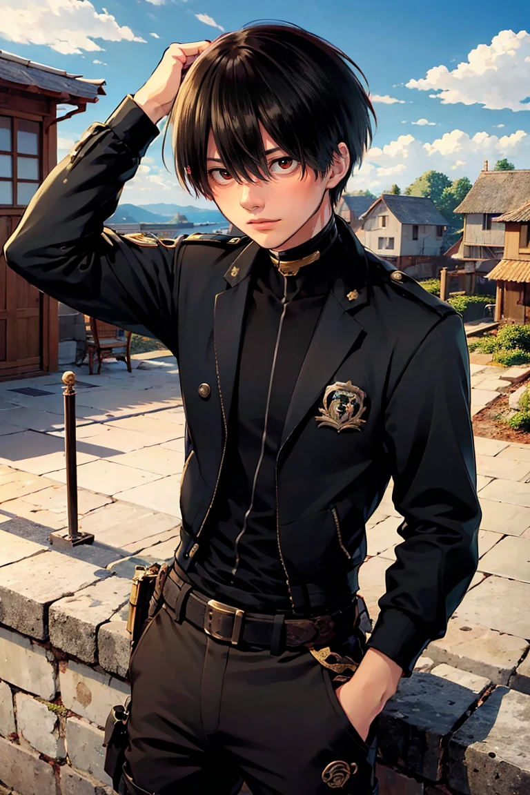 (masterpiece, best quality:1.2), rekkyou sensen,rekkyo sensen, hasuichi nishizono, short hair, black hair, red eyes, boy, male, anime,1boy, bangs, hair between eyes, jacket, looking at viewer, male focus, solo, zipper, black clothes, black gloves, silver choker, background with((fantasy world, village, ruin, castle, beautiful sky, shining sky, sunshine))