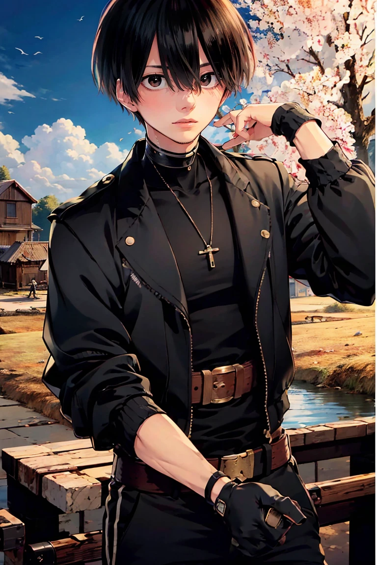 (masterpiece, best quality:1.2), rekkyou sensen,rekkyo sensen, hasuichi nishizono, short hair, black hair, red eyes, boy, male, anime,1boy, bangs, hair between eyes, jacket, looking at viewer, male focus, solo, zipper, black clothes, black gloves, silver choker, background with((fantasy world, village, ruin, castle, beautiful sky, shining sky, sunshine))
