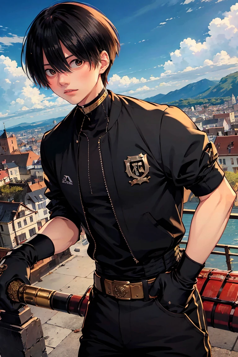 (masterpiece, best quality:1.2), rekkyou sensen,rekkyo sensen, hasuichi nishizono, short hair, black hair, red eyes, boy, male, anime,1boy, bangs, hair between eyes, jacket, looking at viewer, male focus, solo, zipper, black clothes, black gloves, silver choker, background with((fantasy world, village, ruin, castle, beautiful sky, shining sky, sunshine))