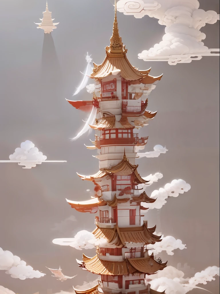 There is a bird sitting on a table in the sky, Chinese surrealism, Chinese Fantasy, Feiyun Castle, Lying on the throne in a fantasy land, tall golden heavenly gates, Surrealist Concept Art, Pagoda Figures, feng zhu |, Cloud Palace, Inspired by Brian Despain, author：Qu Leilei, author：Julian