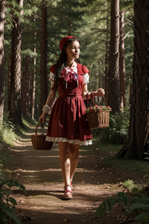 Illustration for a fairy tale about a girl in a red riding hood, who carries pies in a basket for her grandmother through the forest and meets a wolf