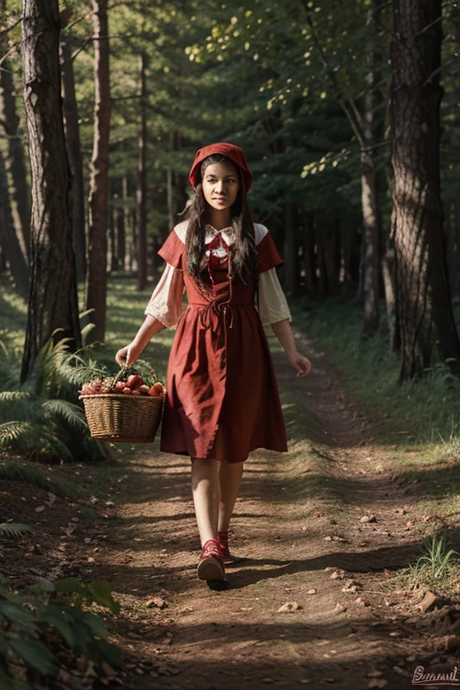 Illustration for a fairy tale about a girl in a red riding hood, who carries pies in a basket for her grandmother through the forest and meets a wolf