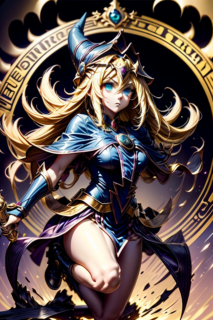 Dark Magician Girl, perfect body, blond hair, wizard staff, jumping