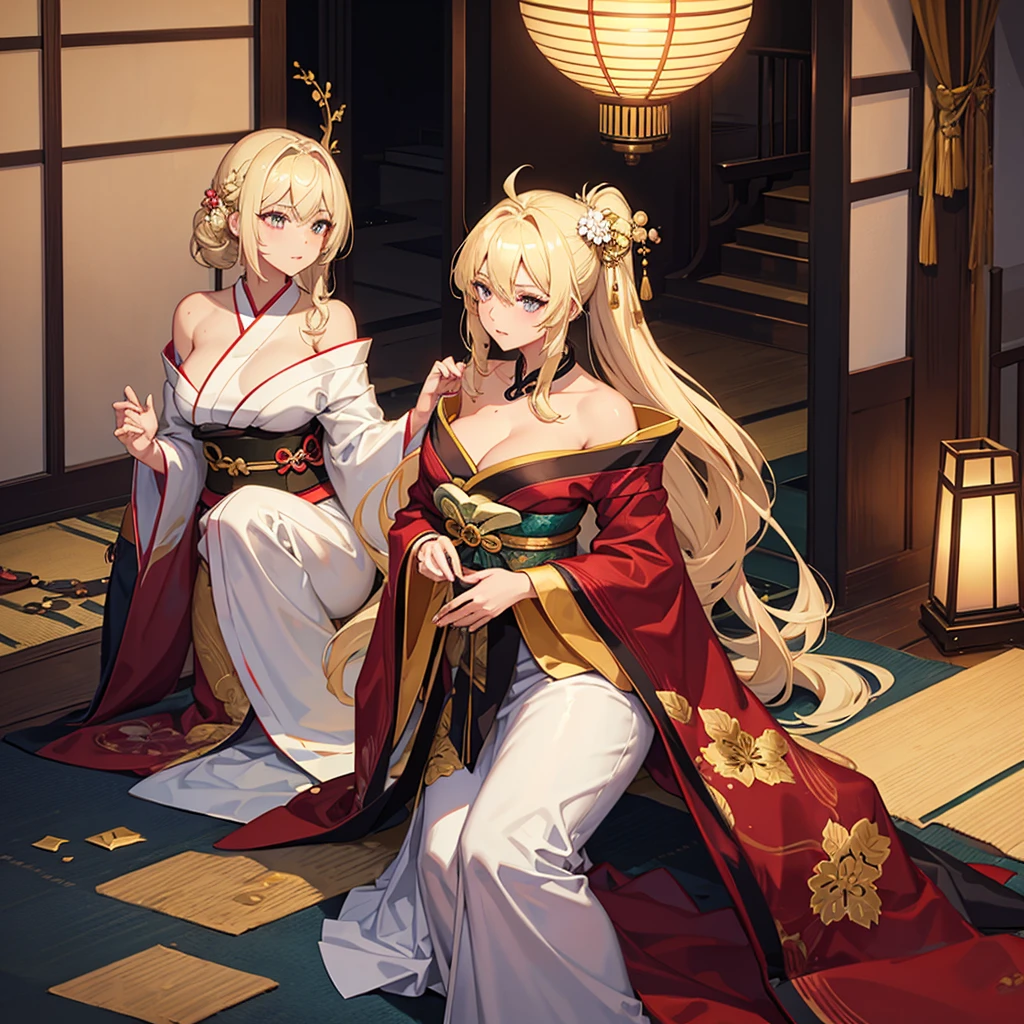 Blonde hair, golden eyes, dark Skinned beautiful, busty, woman wearing a Kimono.