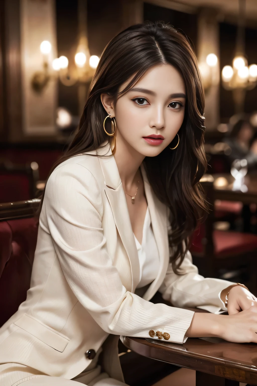 masterpiece, Highest quality, Realistic, Very detailed, Finer details, High resolution, 8k wallpaper, One beautiful woman, Wear a nice suit, In a great restaurant, At night, Light brown messy hair, Perfect dynamic composition, Beautiful and beautiful eyes、Big earrings、Sit on a chair、