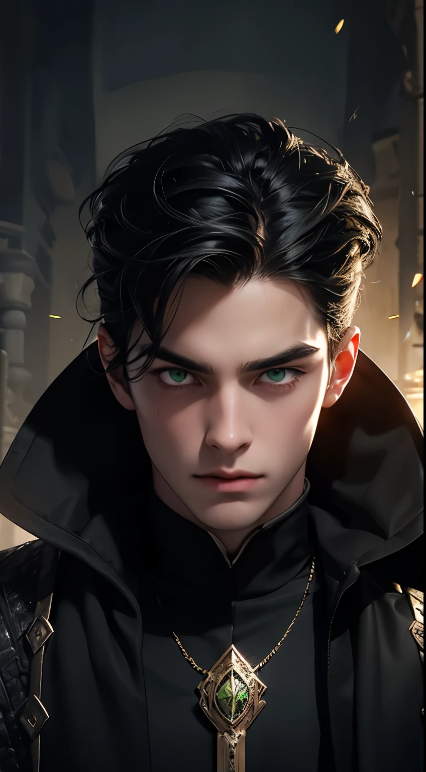 male wizard with black hair, intense green eyes, 25 years old, best quality work, 16K