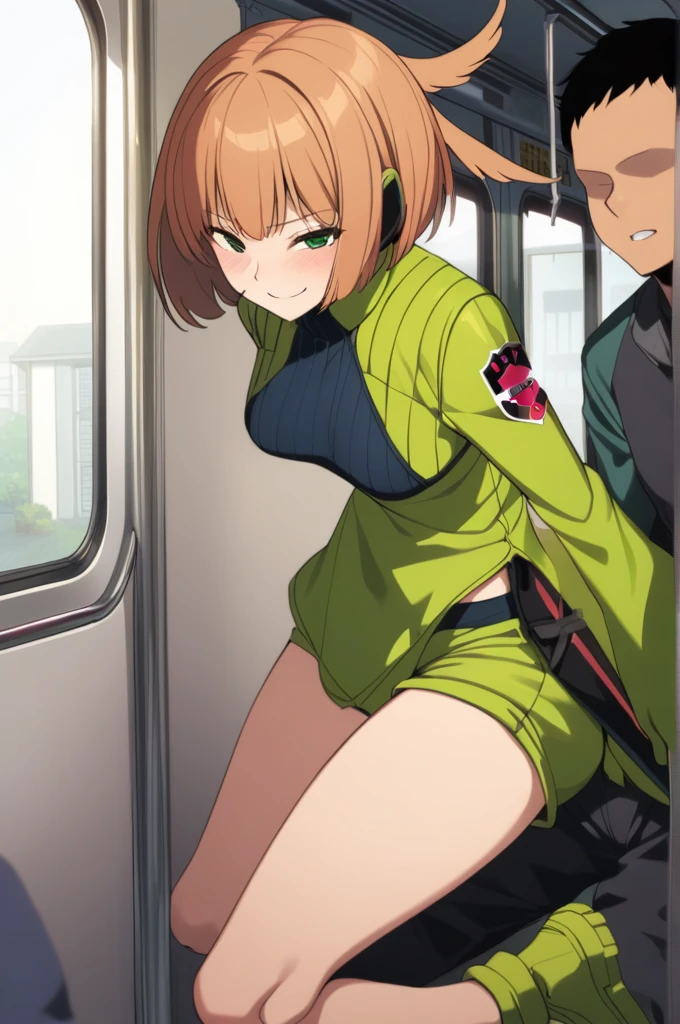 Konami,One girl,smile, View your viewers, Green jacket, gloves, Green shorts,Green footwear, masterpiece,Highest quality,TranT, (train interior), netorare, chikan, grabbing, hetero, pussy juices, molestation, public indecency, public use,faceless male fingering, 2boys, faceless male, assisted exposure,