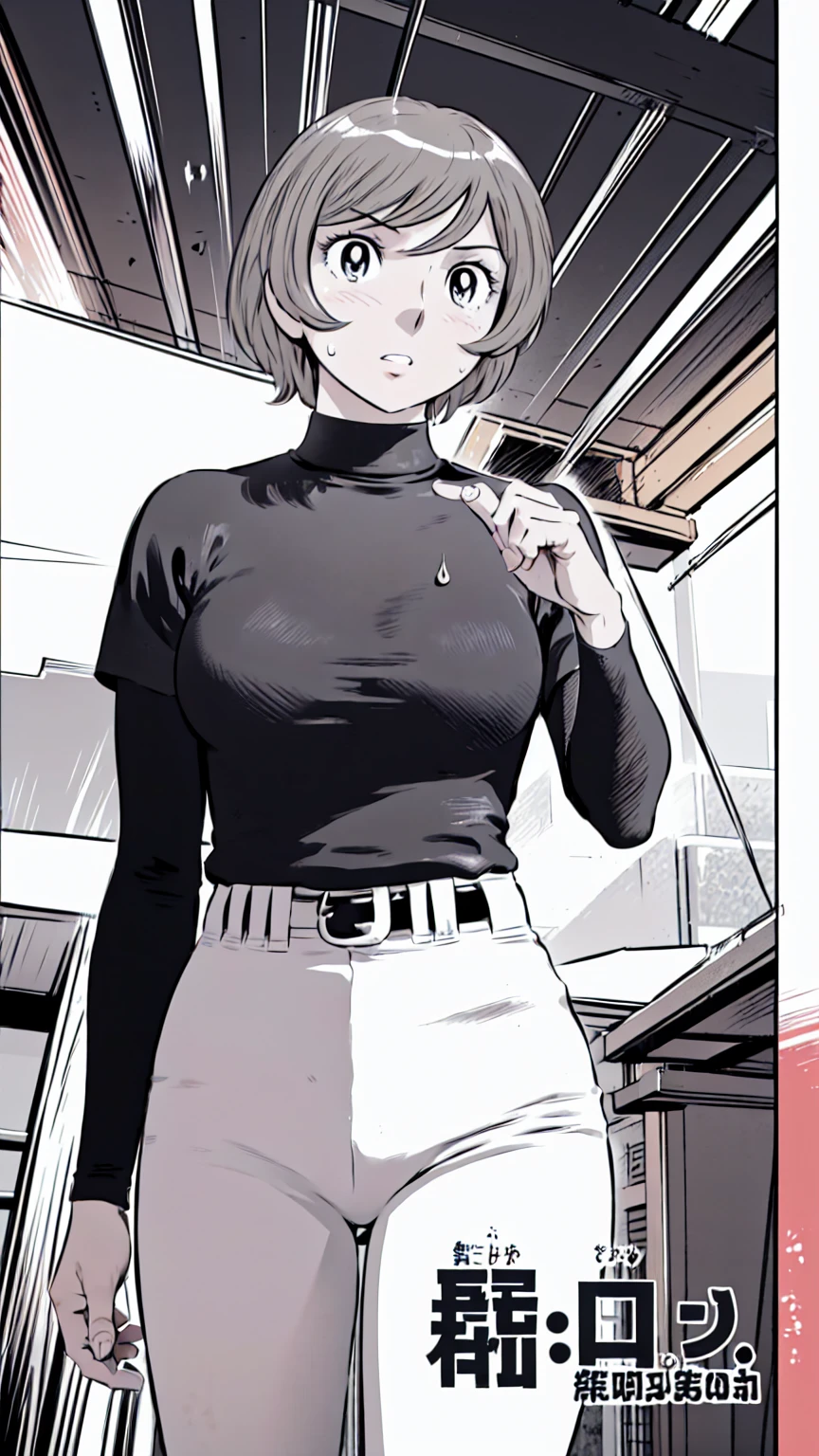 (野球uniform:1.2),
Blonde Hair, (short hair:1.2),Long sleeve, Black Shirt, turtleneck,White trousers、uniform、Black belt、((Illustration of people))、Big Boobs、
View Audience,, (Highest quality:1.3),One Girl, White pants、uniform、Outdoor、baseball ground、ground、soil、blue eyes、Tight black shirt、(masterpiece、Highest quality)、Highest quality, Ultra-high resolution, (((masterpiece))), alone, Sweat、Big eyes、Big Breasts、One Girl, Front view、Embarrassed face、Bronze colored hair、((short hair))、Stand up straight、Cowboy Shot