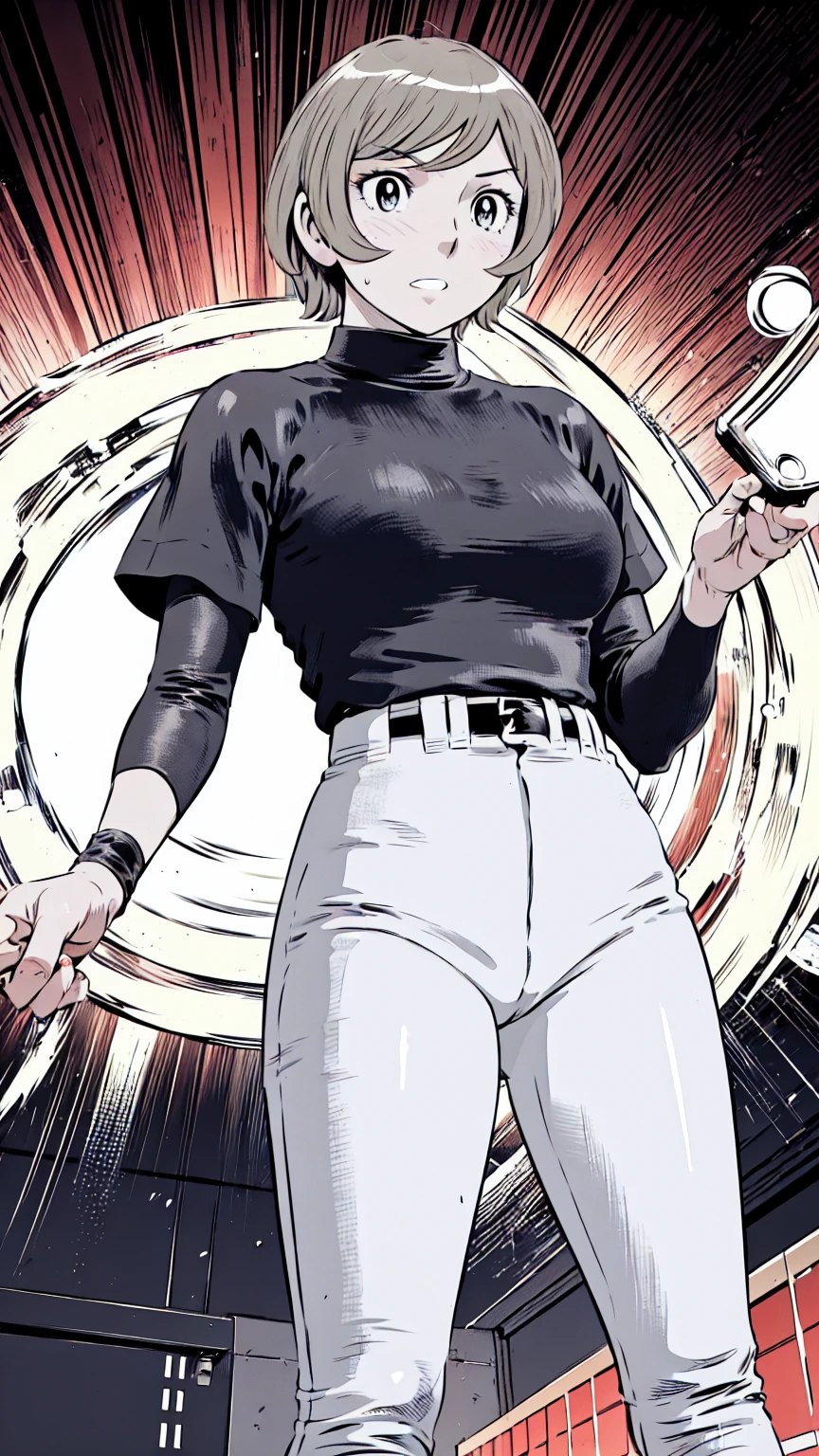 (野球uniform:1.2),
Blonde Hair, (short hair:1.2),Long sleeve, Black Shirt, turtleneck,White trousers、uniform、Black belt、((Illustration of people))、Big Boobs、
View Audience,, (Highest quality:1.3),One Girl, White pants、uniform、Outdoor、baseball ground、ground、soil、blue eyes、Tight black shirt、(masterpiece、Highest quality)、Highest quality, Ultra-high resolution, (((masterpiece))), alone, Sweat、Big eyes、Big Breasts、One Girl, Front view、Embarrassed face、Bronze colored hair、((short hair))、Stand up straight、Cowboy Shot