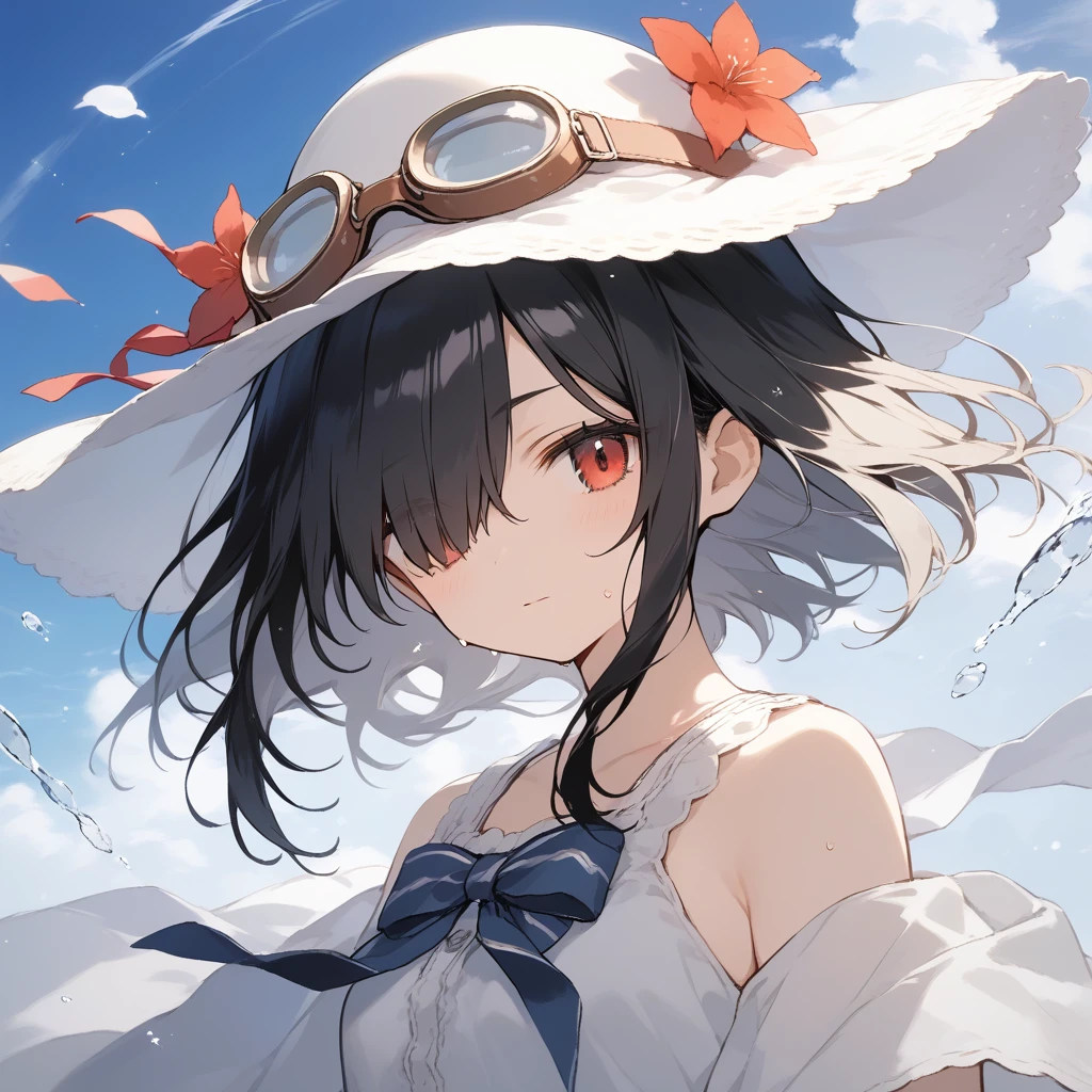 score_9, score_8_up, score_7_up, source_anime, best quality, masterpiece, official art, absurdres, highres, ultra-detailed,waifu2x,Collection: Slice of Life,break,1girl, short hair, black hair, hair over one eye, small breasts, beautiful detailed eyes, hat, goggles on headwear, skirt, sweat, expressionless, sleepily, fantasy, outdoors, wind, break,(clear line illustration:1.2),very high resolution, very aesthetic, super detailed skin, Best cinematic lighting powered by famous artist, 8k, beauty illustration,photoshop_(medium),,(Detailed Lighting),best anime 8k konachan wallpaper, pixiv contest winner,