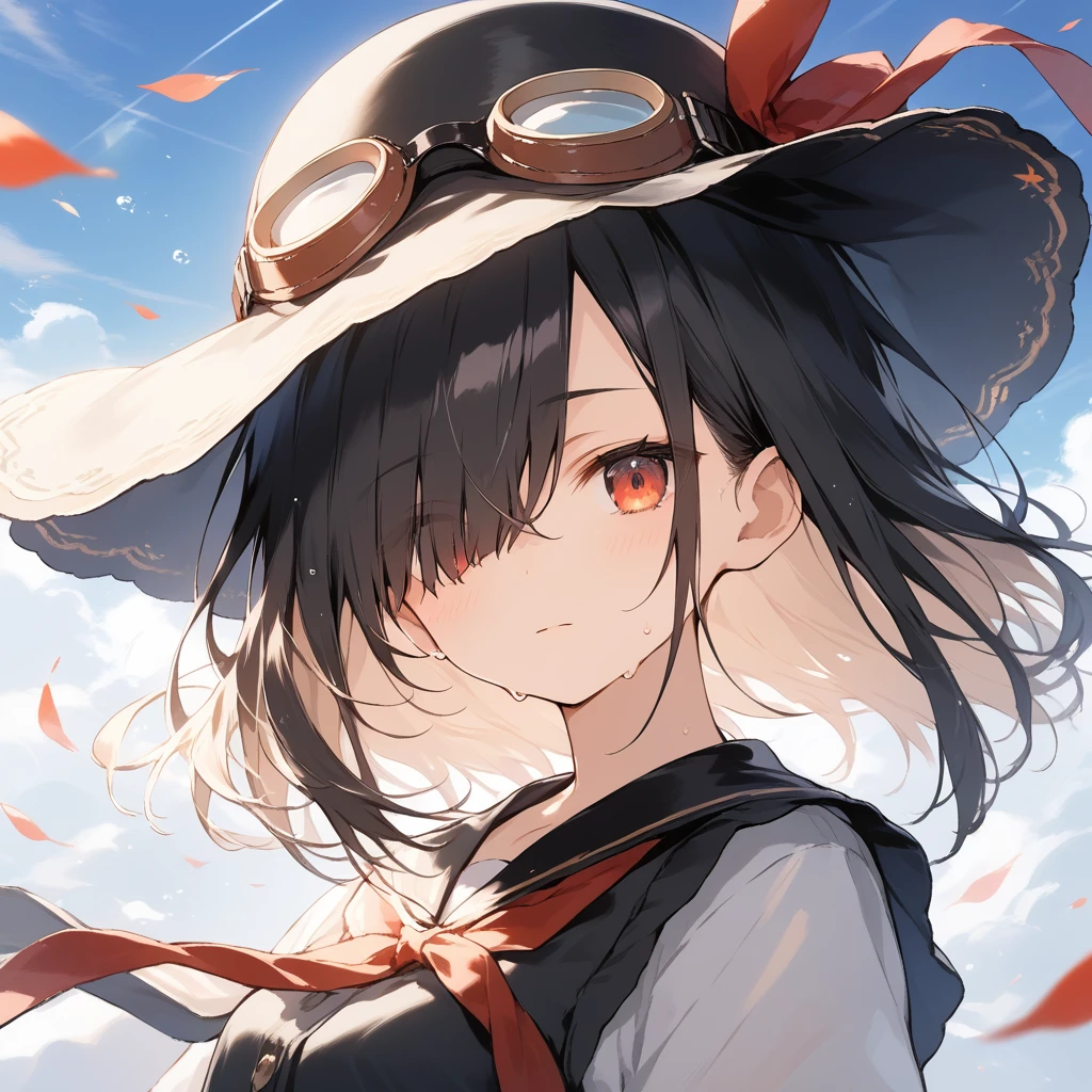 score_9, score_8_up, score_7_up, source_anime, best quality, masterpiece, official art, absurdres, highres, ultra-detailed,waifu2x,Collection: Slice of Life,break,1girl, short hair, black hair, hair over one eye, small breasts, beautiful detailed eyes, hat, goggles on headwear, skirt, sweat, expressionless, sleepily, fantasy, outdoors, wind, break,(clear line illustration:1.2),very high resolution, very aesthetic, super detailed skin, Best cinematic lighting powered by famous artist, 8k, beauty illustration,photoshop_(medium),,(Detailed Lighting),best anime 8k konachan wallpaper, pixiv contest winner,
